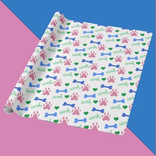 Pink Dog Paws Blue Bones Green Hearts Woof Pattern Wrapping Paper