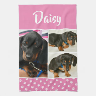 Pink Dog Pet Lover Photo Collage Pawprint Tea Towel