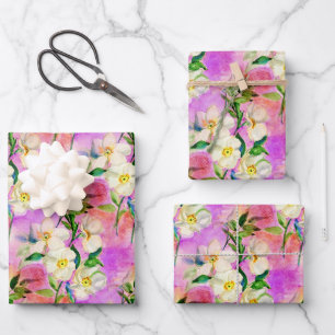Pink dog rose watercolor floral wrapping paper