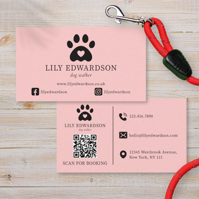 Pink Dog Walker Pet Sitting Paw Print QR Code Business Card (Pink Dog Walker Pet Sitting Paw Print QR Code Business Card)