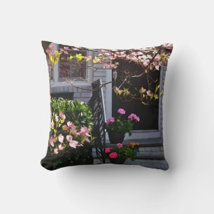 Pink Dogwood and Pots of Geraniums Cushion