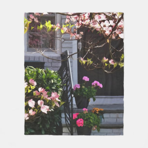 Pink Dogwood and Pots of Geraniums Fleece Blanket