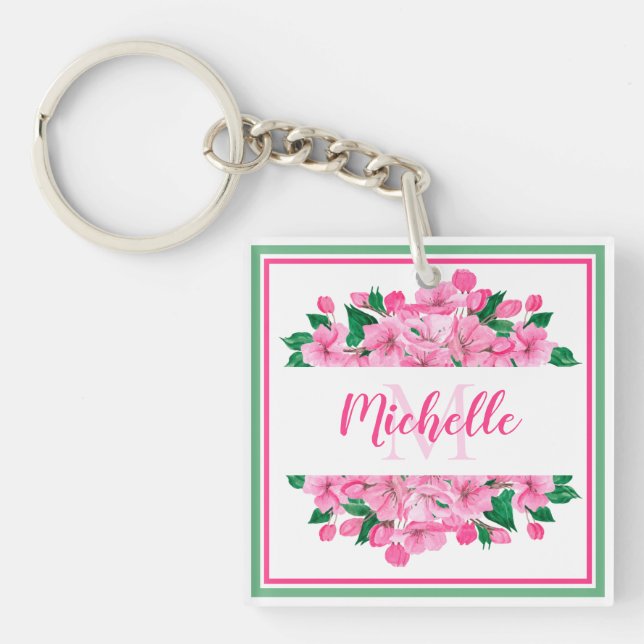 Pink Dogwood Blossoms - Personalised Key Ring (Front)