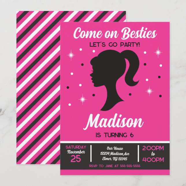 Pink Doll Besties Fashion Party Birthday  Invitation (Front/Back)