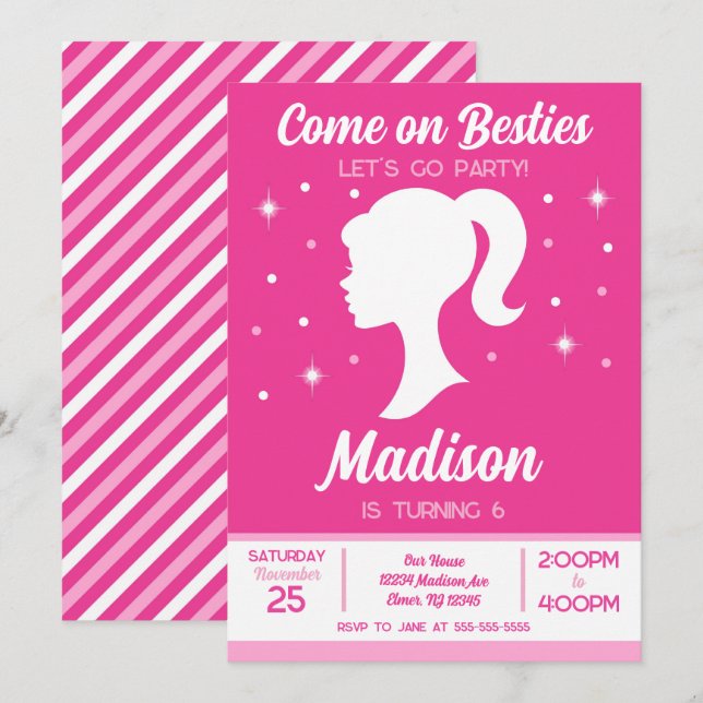 Pink Doll Besties Fashion Party Birthday  Invitation (Front/Back)