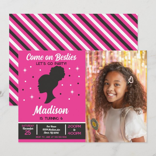 Pink Doll Besties Fashion Party Photo Birthday  Invitation (Front/Back)