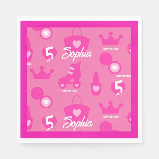 Pink Doll Birthday Party, Custom Age, Custom Name Napkin (Front)
