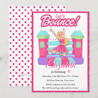 Pink Doll Bounce House Birthday Invitation