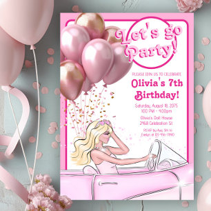 Pink Doll Car Birthday Party Invitation