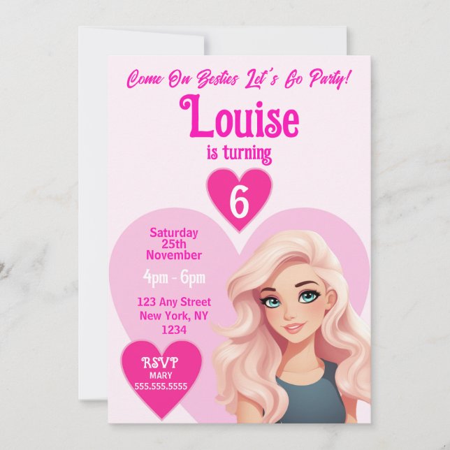 Pink Doll Girl Besties Birthday Party Invitation (Front)