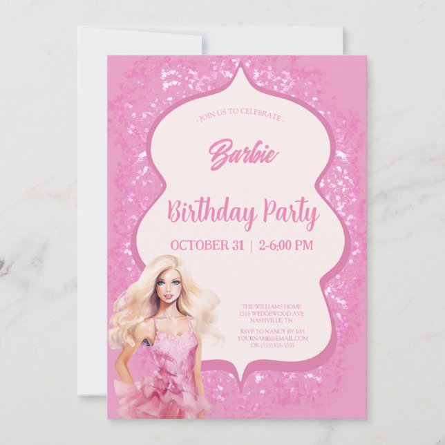 Pink Doll  Girl Birthday Party Invitation (Front)
