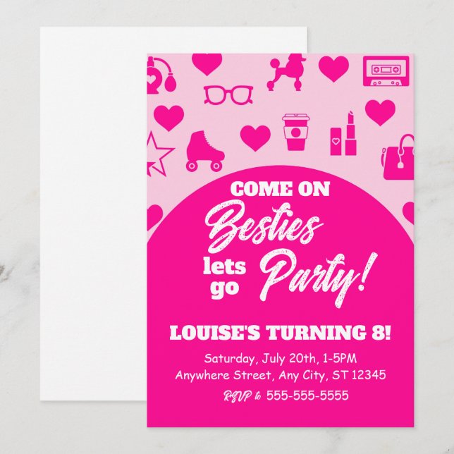 Pink Doll Girl Fashion Digital Download Birthday Invitation (Front/Back)