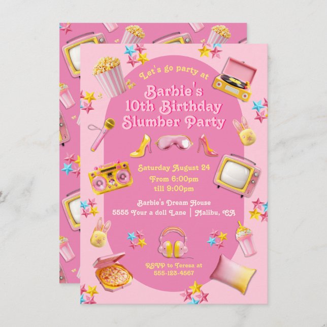 Pink Doll Toys Slumber Sleepover Birthday Party Invitation (Front/Back)
