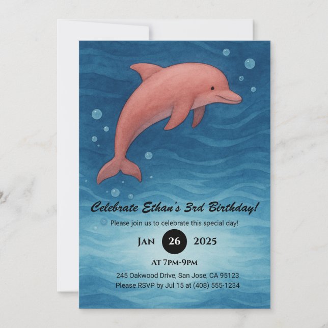Pink Dolphin & Deep Blue Ocean Waves Birthday  Invitation (Front)