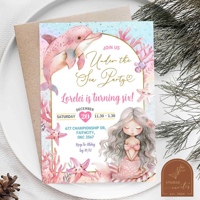Pink Dolphin Mermaid Sea Party Birthday Girl Invitation (Creator Uploaded)