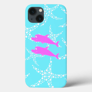 Pink Dolphins on Turquoise Blue Pattern iPhone 13 Case