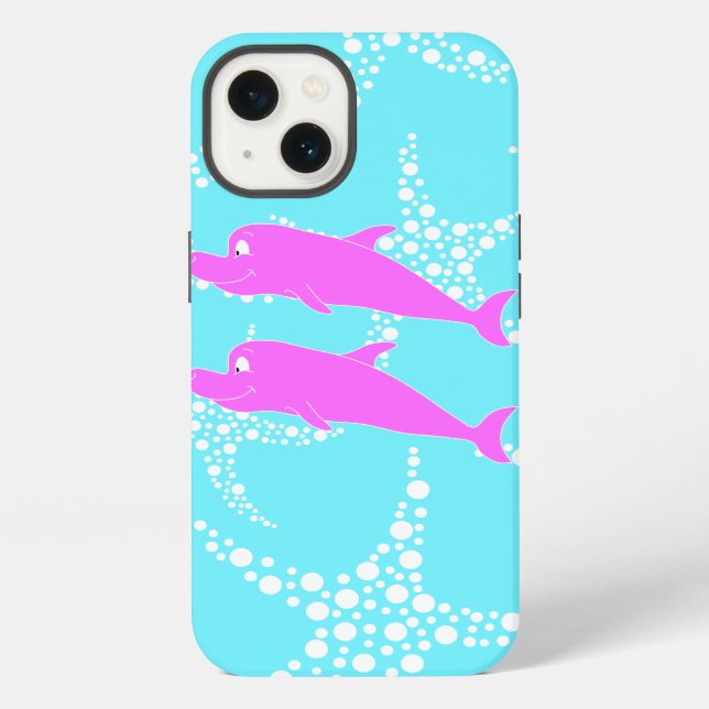 Pink Dolphins on Turquoise Blue Pattern iPhone Case (Back)