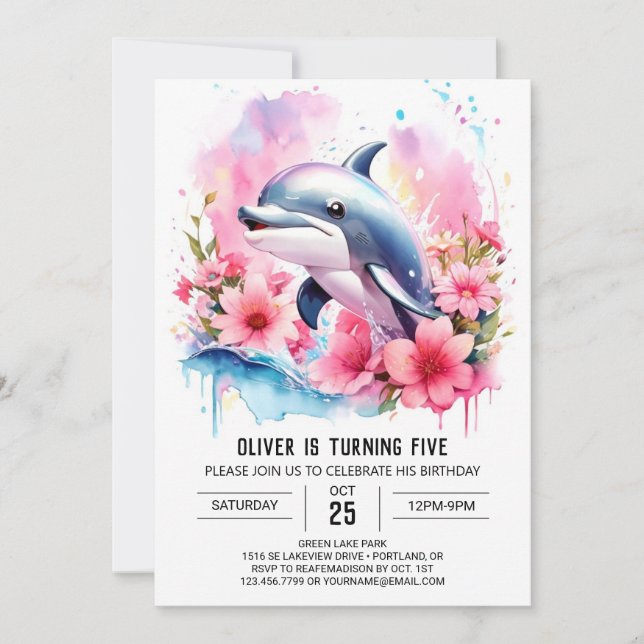 Pink Dolphin's Whimsical Ocean Adventure Birthday Invitation (Front)