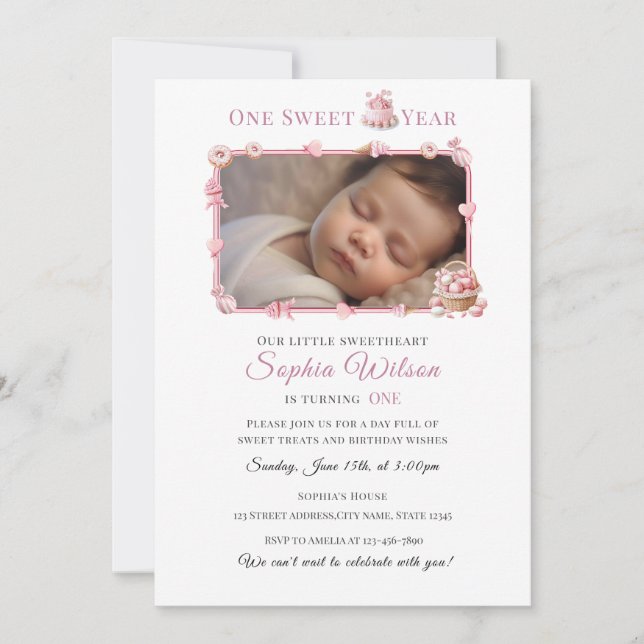 Pink Donut & Candy Theme Birthday Invite (Front)