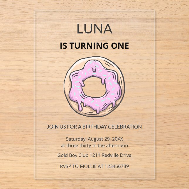 Pink Donut Cute Girl 1st Birthday Party  Acrylic Invitations (Front)