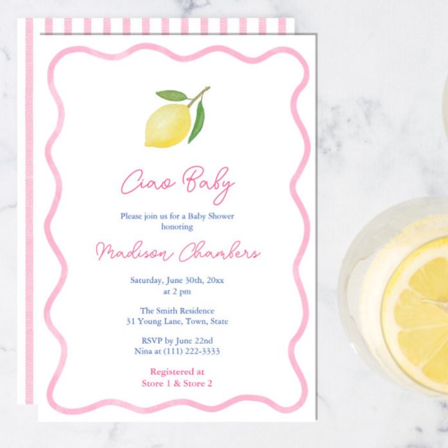 Pink Doodle Border Lemon Baby Girl Shower Invitation (Ciao Baby Girl Shower invite with trendy pink wavy border, citrus lemon and pink white stripe backer)