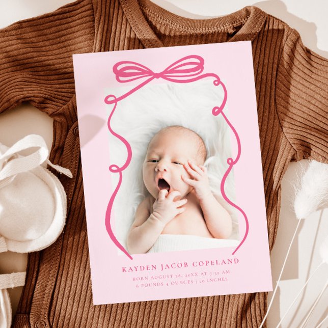 Pink Doodle Bow Frame Birth Announcement Photo (Creator Uploaded)