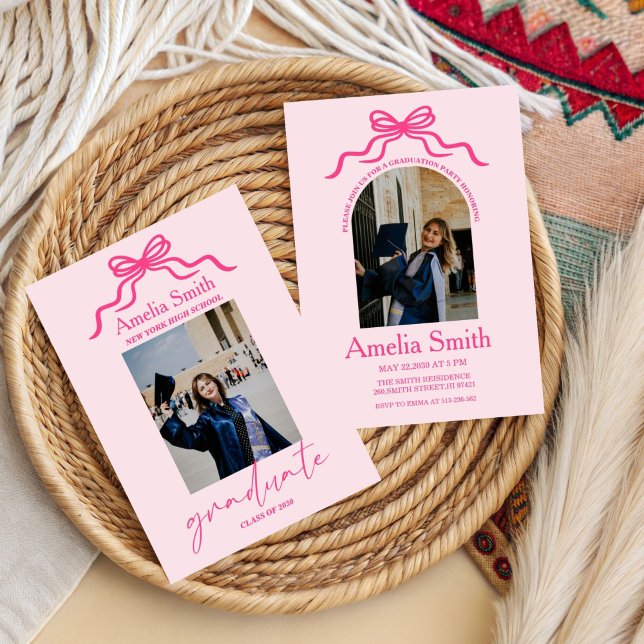 Pink doodle Bow Graduation Class of 2026 Photo Invitation (Creator Uploaded)