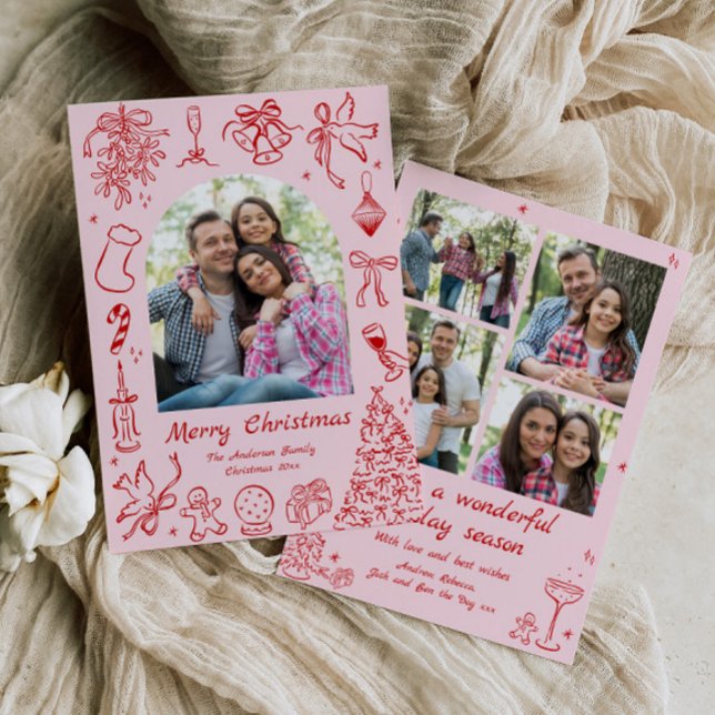 Pink Doodle Christmas Card Trendy Quirky Photo Fun (Creator Uploaded)