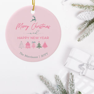 Pink Doodle Christmas Trees, Reindeer, Stars, Ceramic Tree Decoration