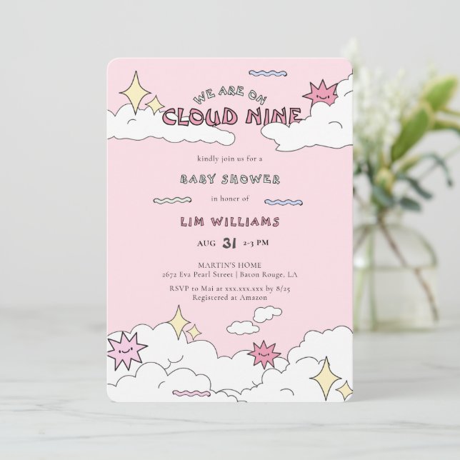 Pink Doodle Cloud Nine Baby Shower Invitation (Standing Front)