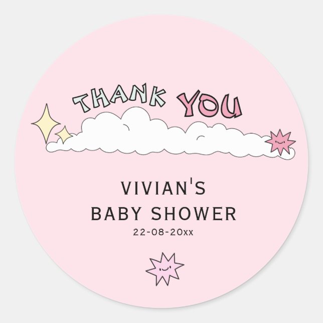 pink Doodle Cloud Thank You Classic Round Sticker (Front)
