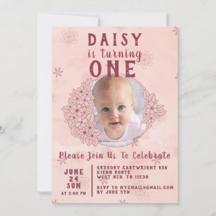 Pink doodle flowers photo invitation
