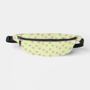 Pink doodle lines hearts on green bum bags