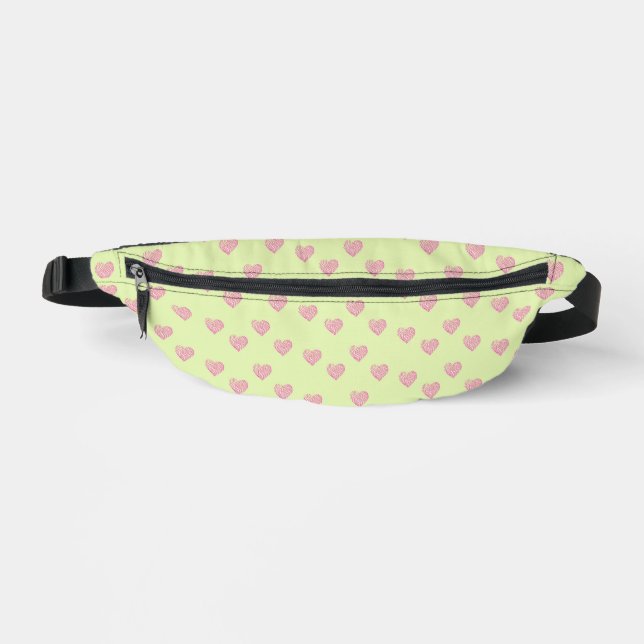 Pink doodle lines hearts on green bum bags (Front)