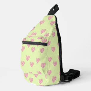 Pink doodle lines hearts on green sling bag