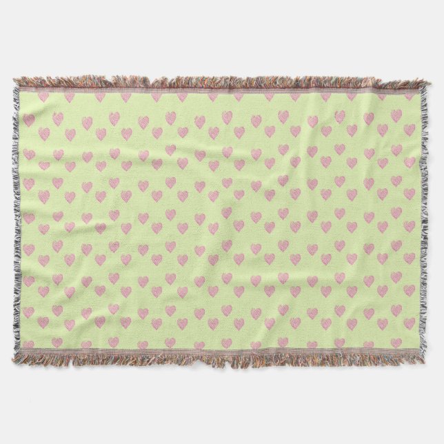 Pink doodle lines hearts on green throw blanket (Front)