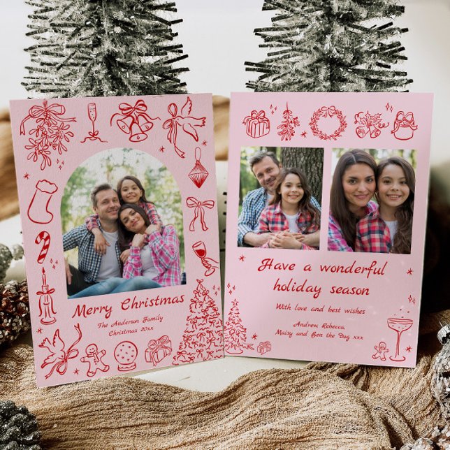 Pink Doodles Christmas Card Photo Trendy Holiday (Creator Uploaded)