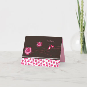 Pink Dot Flowers & Happy Birds Pattern Thank You Card