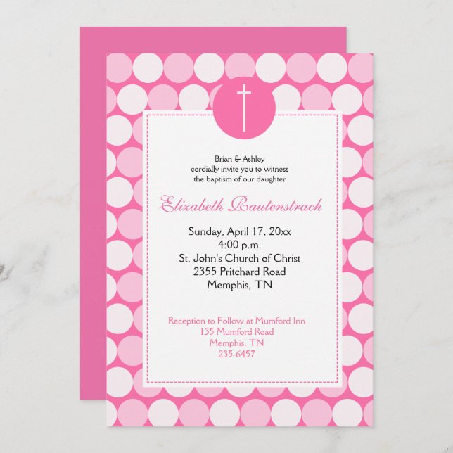 Pink Dot Modern Photo Baptism Invitation (Front/Back)