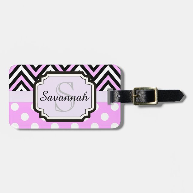 Pink Dots and Chevrons Luggage Tag (Front Horizontal)
