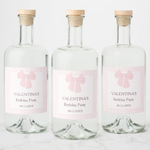 Pink dots and pink bow girls birthday liquor bottle label
