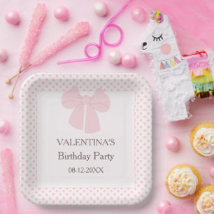 Pink dots and pink bow girls birthday  paper plate