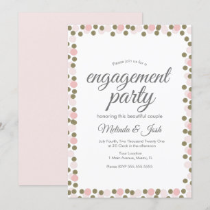 Pink Dots Confetti Gold Border Engagement Party Invitation