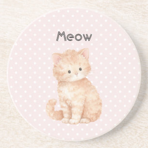 Pink Dots Peach Orange Cute Kitty Cat Coaster
