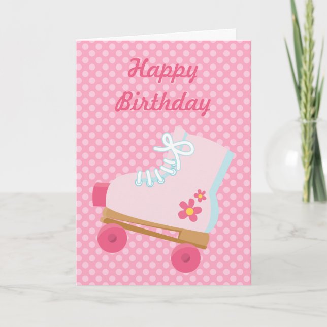Pink Dots Rollerskate Birthday Card (Front)