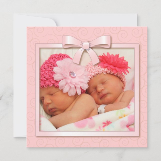 Pink Dots Twin Girls Baby Photo Birth Announcement (Front)