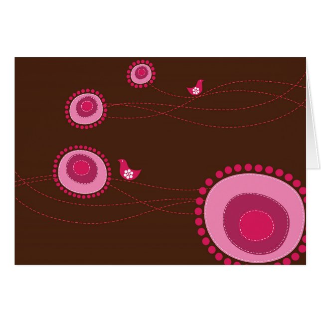 Pink Dotted Flowers and Happy Birds Card (Front Horizontal)
