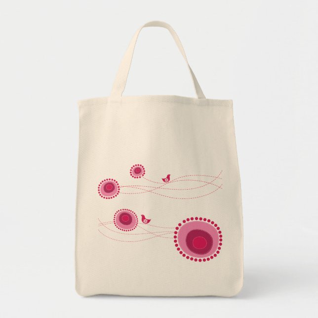 Pink Dotted Flowers and Happy Birds Cute Tote Bag (Front)