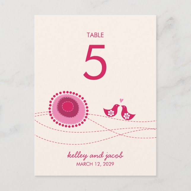 Pink Dotted Flowers Cute Kissing Birds Table Card (Front)