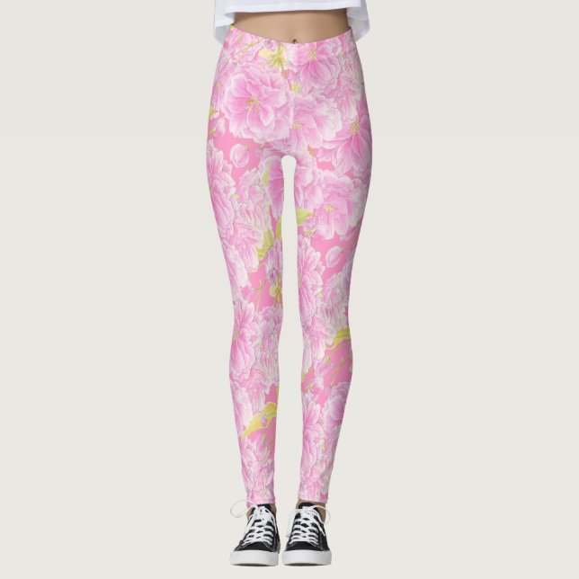 Pink double blossom flower leggings (Front)
